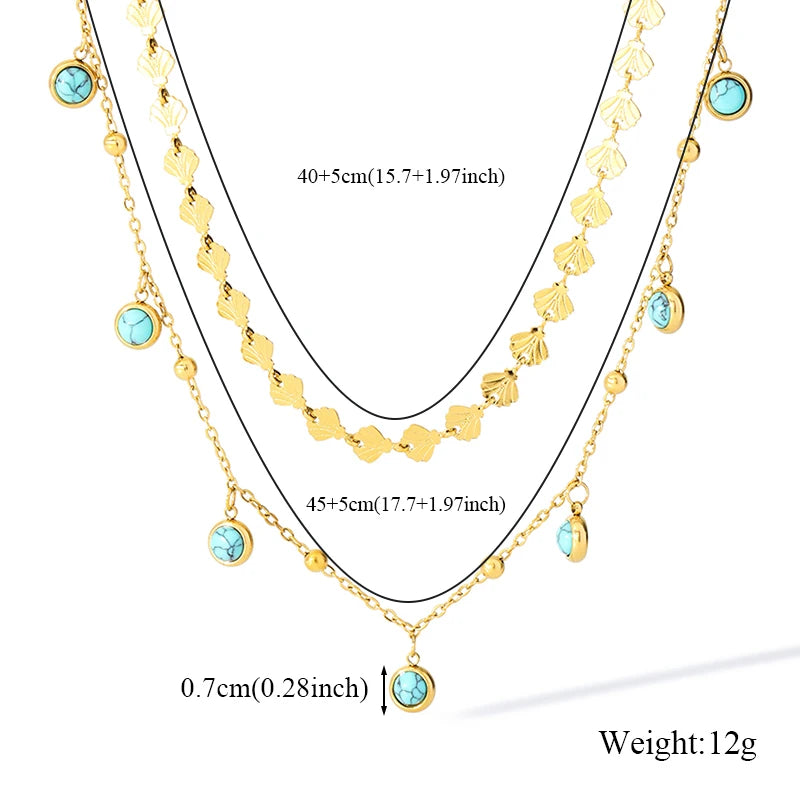 EILIECK 316L Stainless Steel Artificial Turquoise Pendant Necklace for Women Fashion Waterproof 2 Layer Neck Chain Jewelry Gift