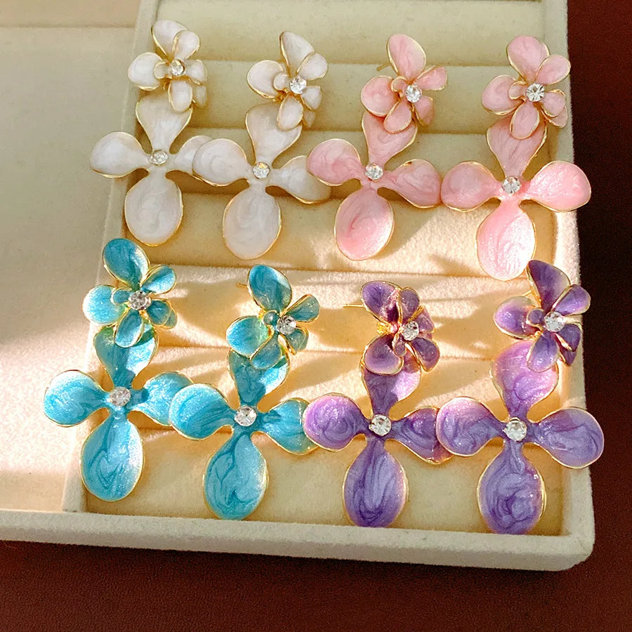 Double Layered Smudging Enamel Flower Drop Earrings for Women Vintage Shiny Rhinestones Dangle Earring Dating Party Jewelry N