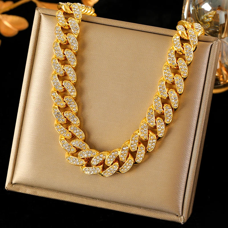 EILIECK Exquisite Geometric Thick Cuban Chain Necklace Bracelet Set Trendy Collar Punk Zirconia Collar Jewelry Women Men New