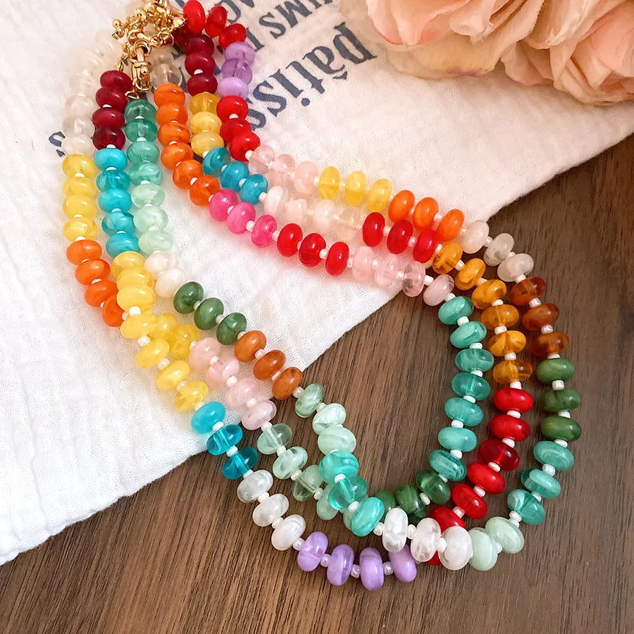 European American Jewelry Rainbow Acrylic Beaded Clavicle Chain Dopamine Sweet Irregular Necklace for Women