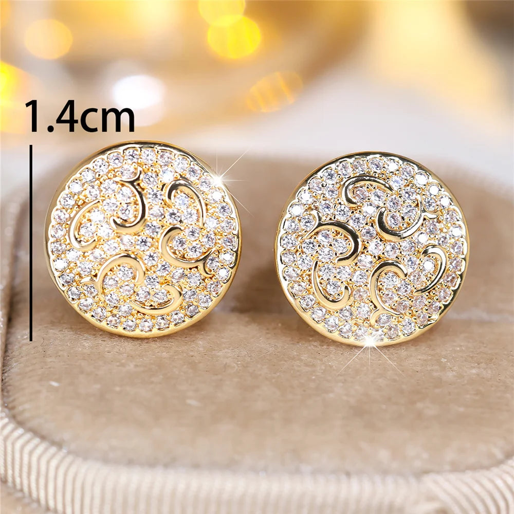 Cute Female Stone White Zircon Round Stud Earrings Gold Color Wedding Jewelry For Women