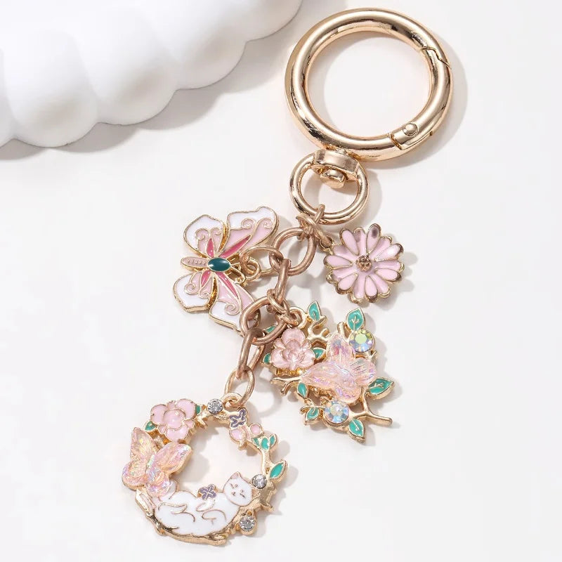 Pretty Cat Butterfly Flowers Enamel Keychain Cute Animals Plants Key Ring For Women Girls Handmade Friendship Gift Diy Jewelry