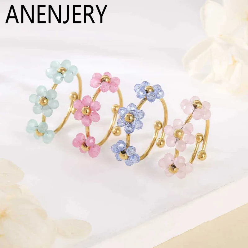 ANENJERY 316L Stainless Steel Colorful Beads Flowers Open Ring For Women French Niche Design Elegant Jewelry Gifts Wholesale