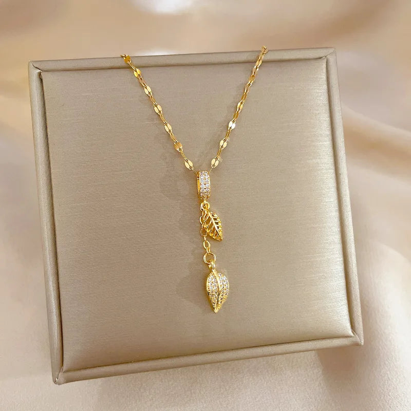 Exquisite Micro Inlaid Zircon Butterfly Tassel Necklace For Women Stainless Steel Moon Butterfly Flower Clavicle Choker Jewelry