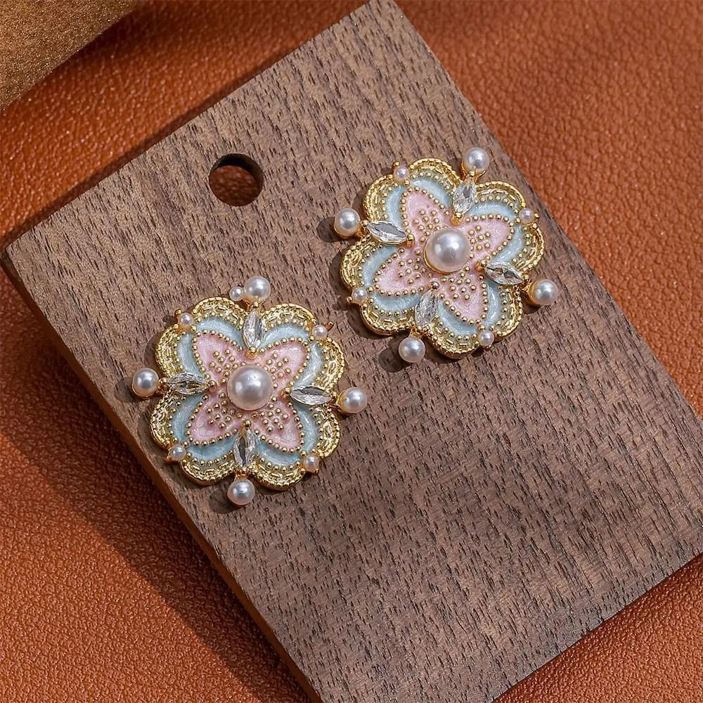 Ladies' Enamel Flower Earrings Exquisite Imitation Pearl Light Luxury Earrings Elegant and Unique Temperament Earrings Versatile