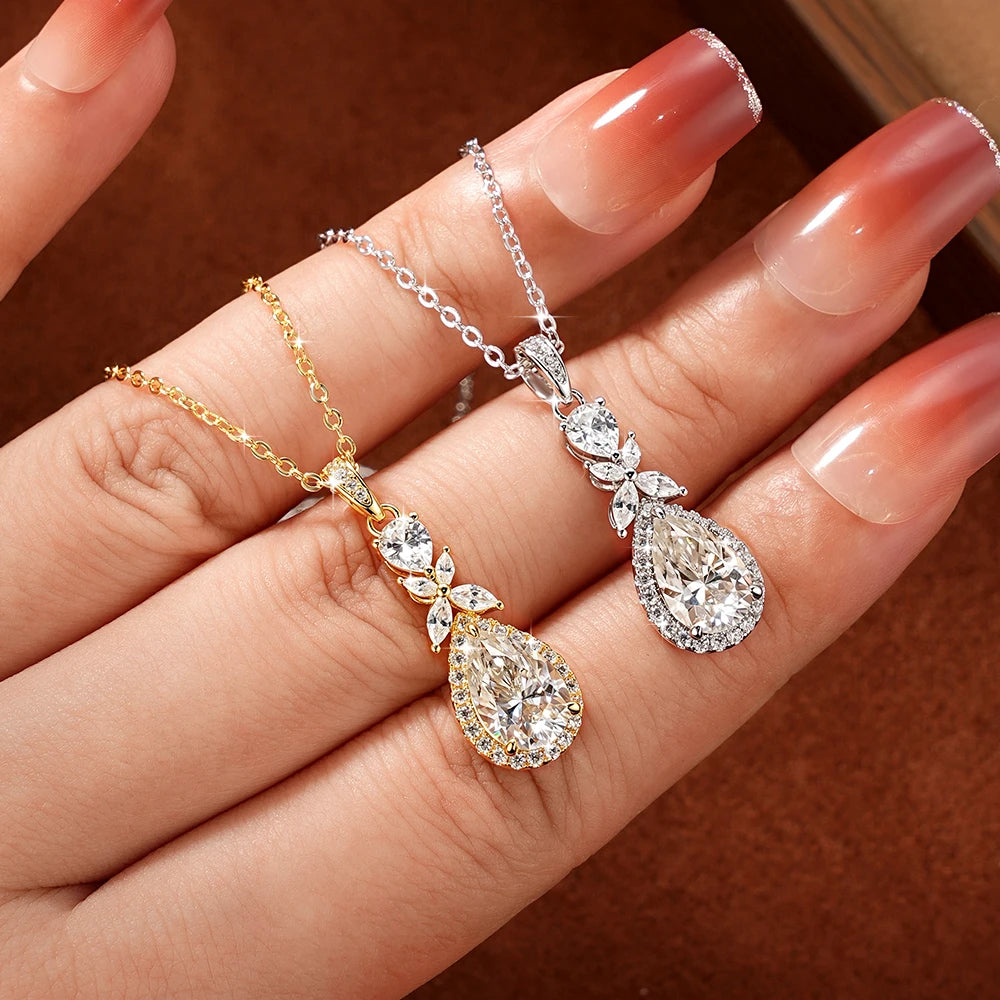 OXTAO 14K Gold Filled Teardrop Pendant Necklace 7x10.5mm Pear Shape Certified Moissanite Floral-Style Necklace for Women Jewelry
