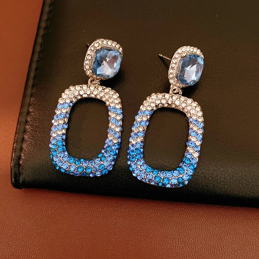 Rhinestone Hollow Square Dangle Earrings Personality Elegant Exquisite Light Luxury High Grade Fashion Ear Jewelry for Women