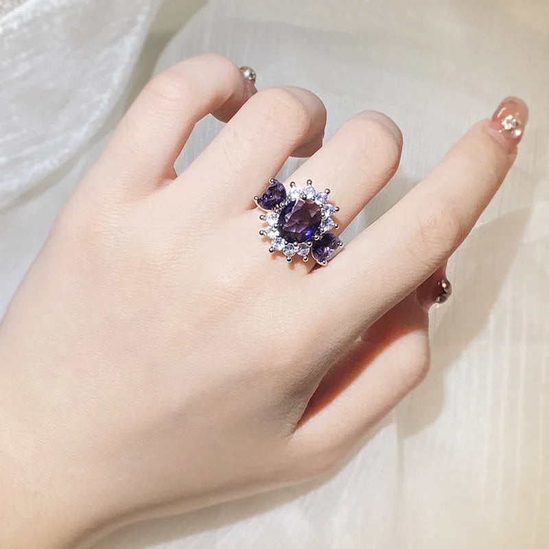 925 Silver Simple Sweet Diamond Ring Ladies New Purple Zircon Ring Women's Party Wedding Birthday Gift Wholesale