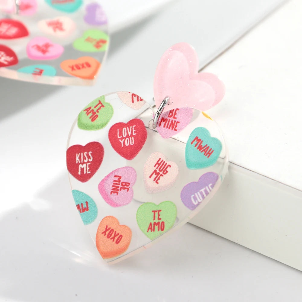 Sweet Acrylic Heart Love Message Drop Earrings for Women Resin Heart Shape Pendant Earrings Valentines Day Gifts