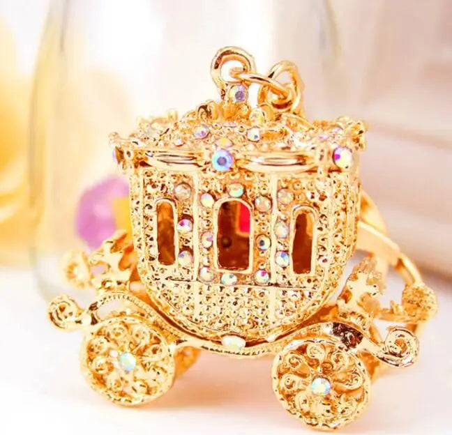 Fashion Alloy Keychain with Big water-drop Rhinestone Cartoon Pumpkin Carriage Keychain Golden Carriage Pendant Female Bag Acces