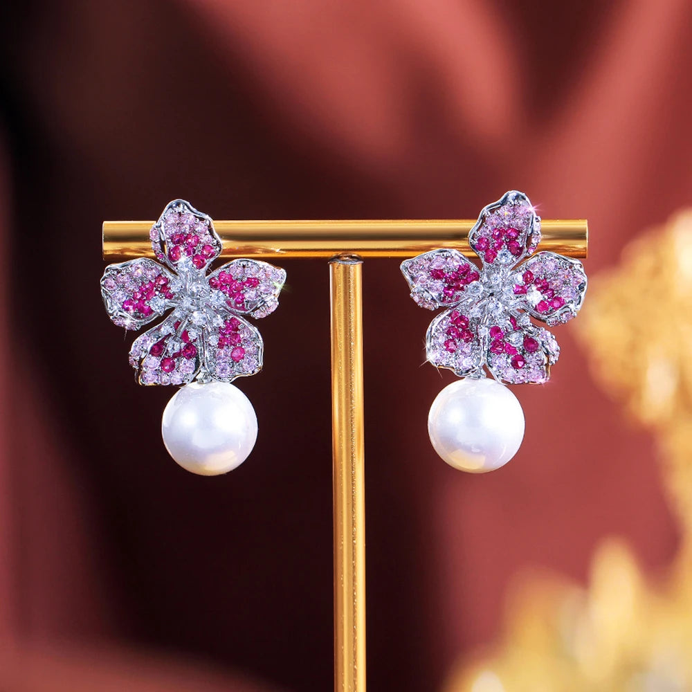 ThreeGraces Gorgeous Shiny Pink Zirconia Big Simulated Pearl Long Flower Dangle Earrings for Women Bridal Party Jewelry  E2005