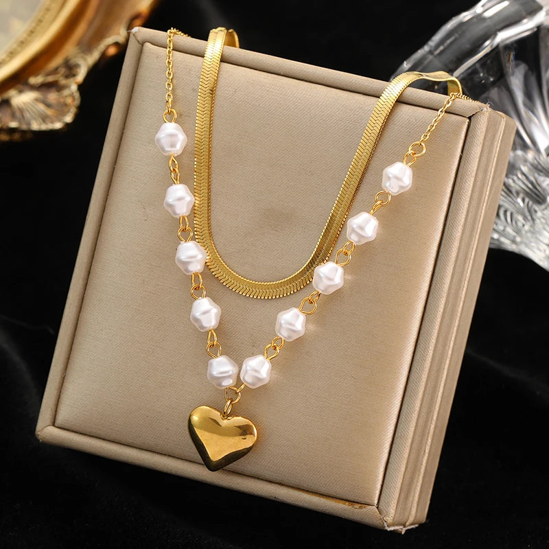 EILIECK 316L Stainless Steel Metal Geometric Heart Pendant Necklace For Women Gold Color Multilayer Neck Chain Jewelry Lady Gift
