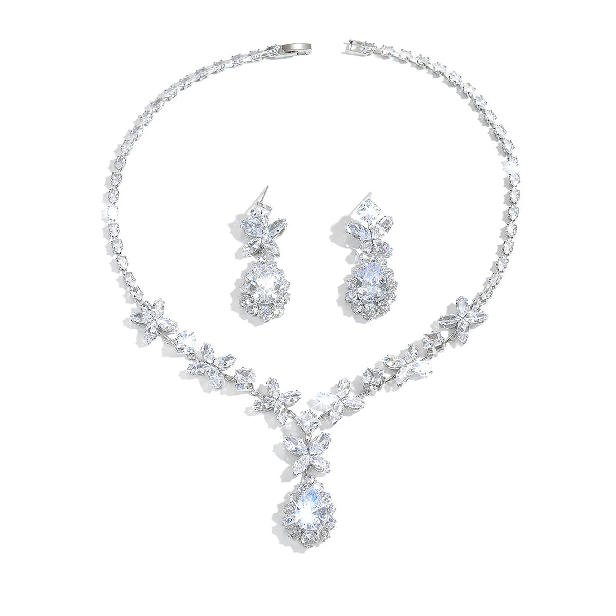 Gorgeous Four‑Leaf Flower Drop Teardrop Zircon Necklace Earrings Set Women Wedding Dress Jewelry Formal Party Matching Accessory