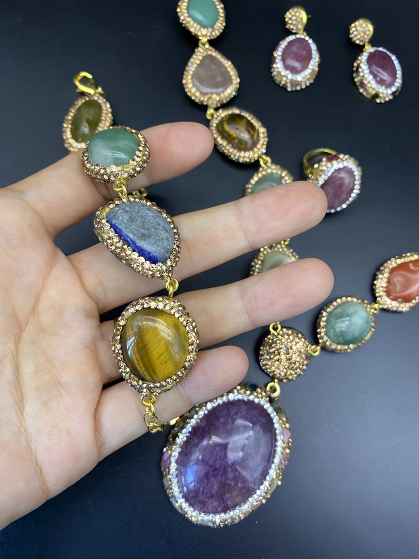 Colorful Multi Crystal Stone Jewelry Sets Natural Amethyst Tiger's Eyes Quartz Inlaid Rhinestone Beaded Necklace Earring