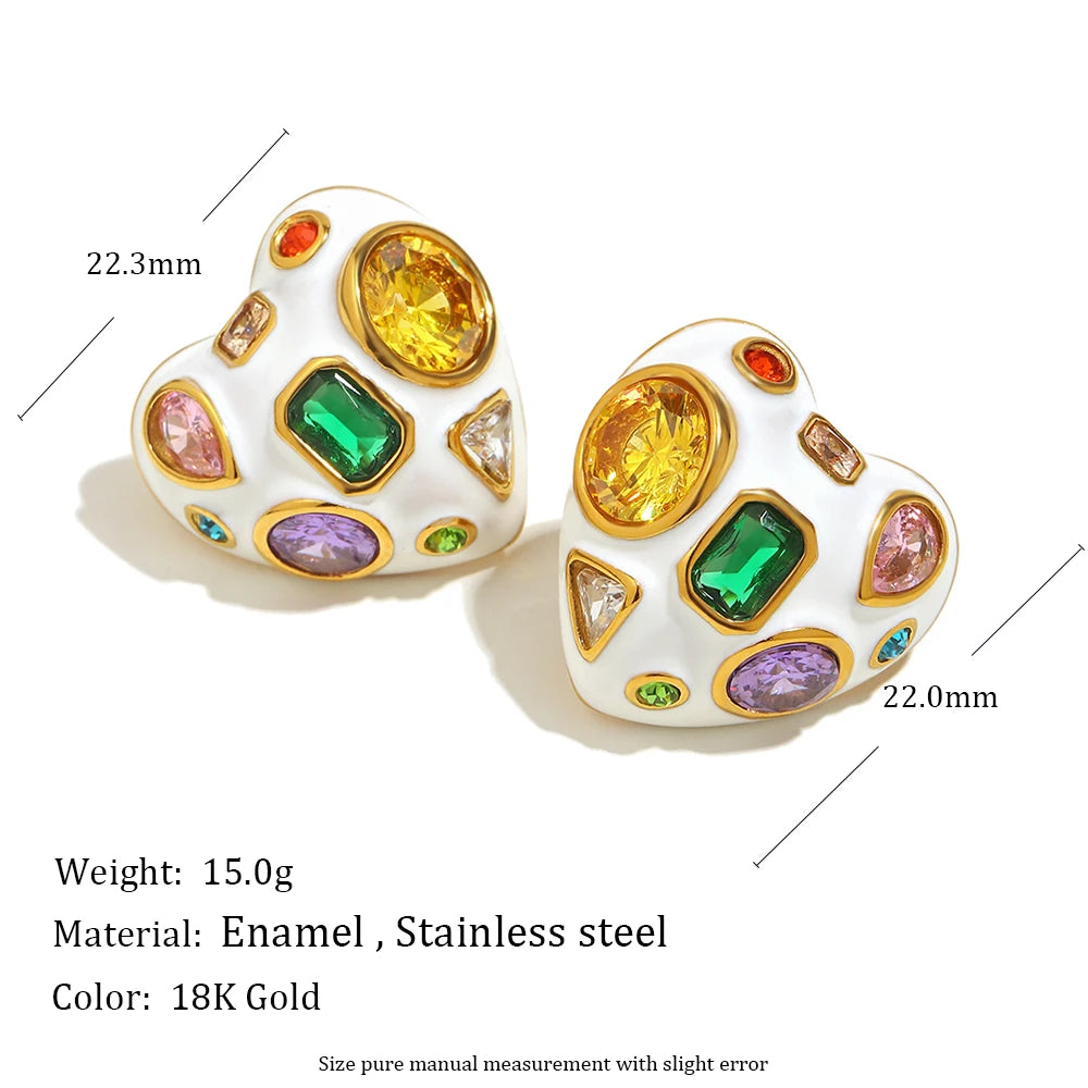 E.B.belle White Enamel Oval/Heart Coloful Geometric Zircon 18K Gold Plated Stainless Steel Women Party Statement Jewelry Gifts