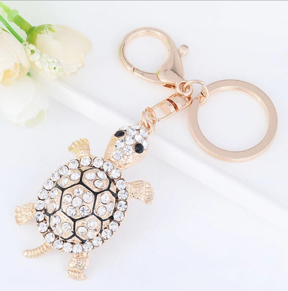 Fashion Rhinestone Crystal Metal Keychain Lovely Cartoon Marine Style Tortoise Fish Dolphin Keyring HandBag Car Pendant Gift