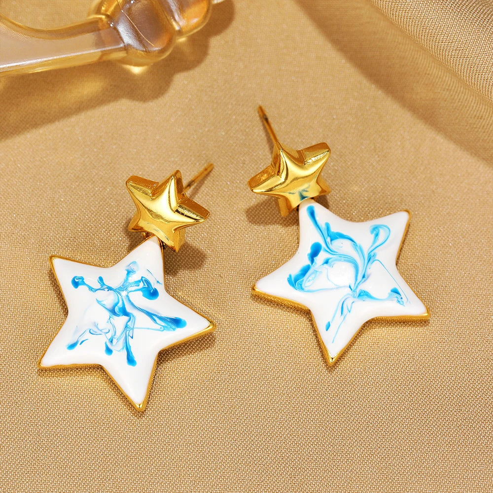 Blue White Porcelain Star Moon Oval Drop Earrings for Women Stainless Steel Gold Color Geometric Dangle Earrings Jewelry Gift