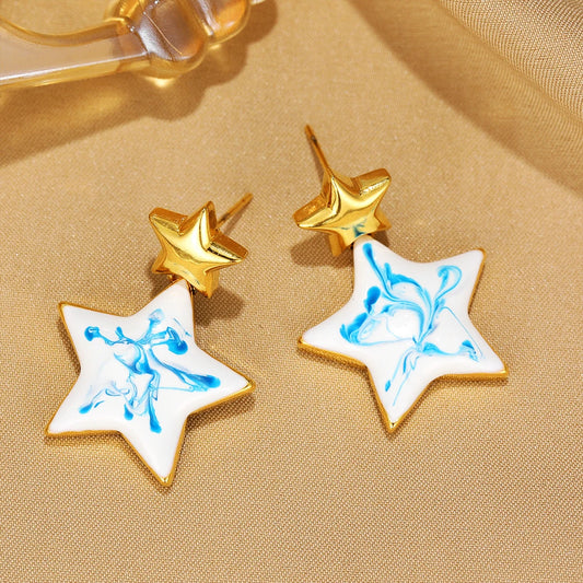 Blue White Porcelain Star Moon Oval Drop Earrings for Women Stainless Steel Gold Color Geometric Dangle Earrings Jewelry Gift
