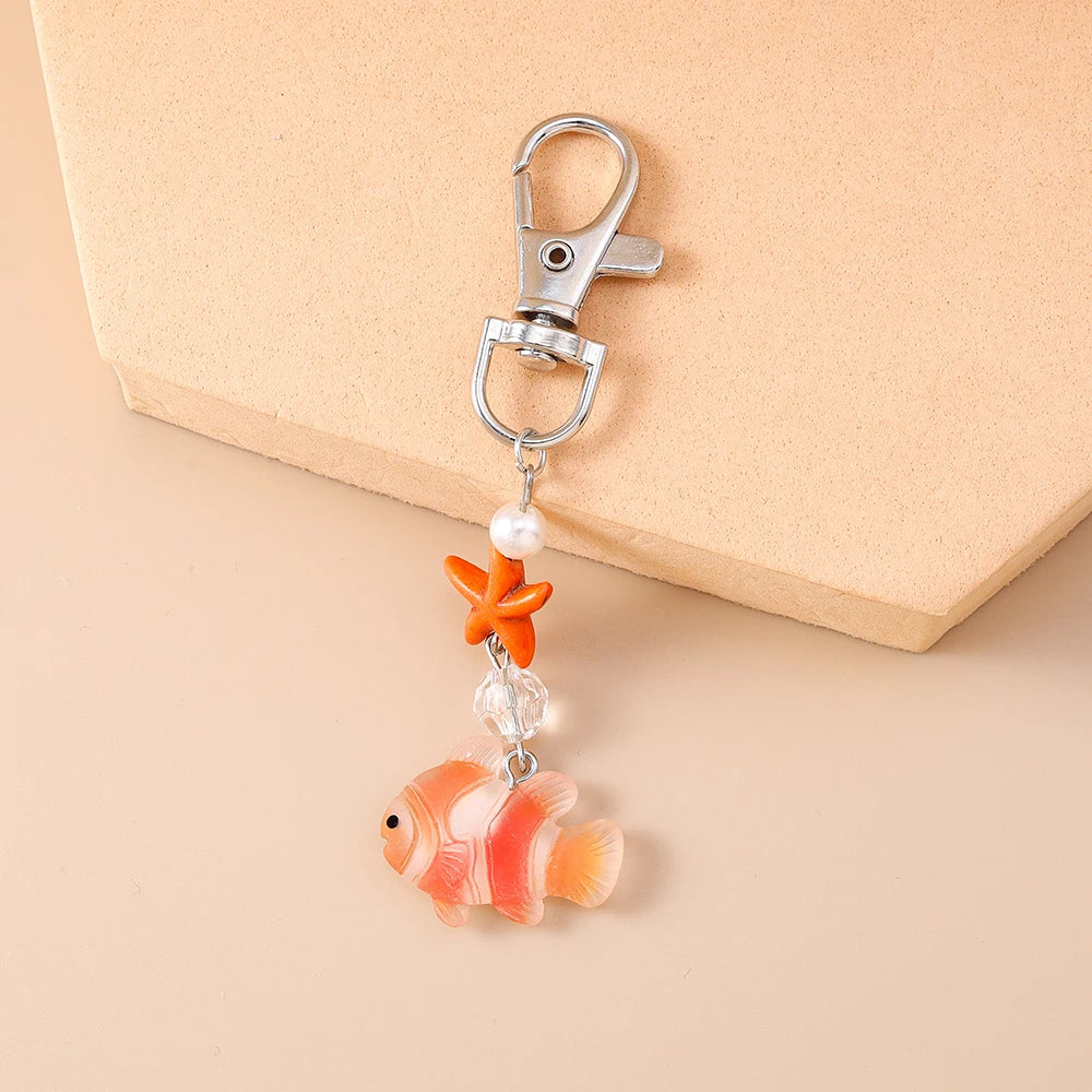 Aihua Lovely Pearl Starfish Small Fish Keychain For Summer Beach Kids Girls Cute Handbag Pendants Key Rings Jewelry Gifts