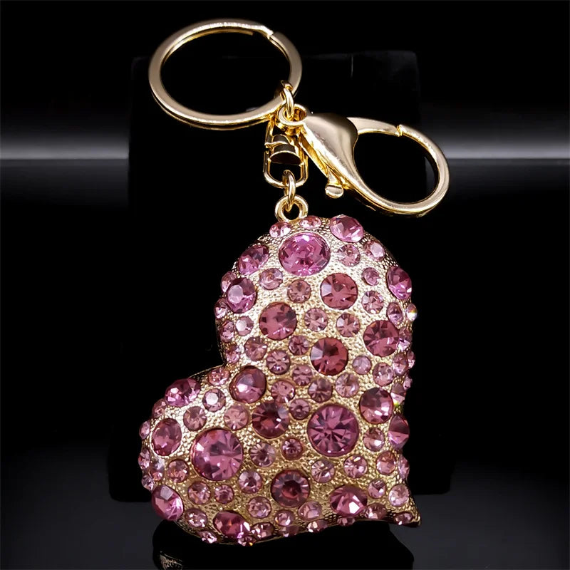 Pink Crystal Sparkling Heart Key chain for Women Exquisite Sweet Alloy Rhinestone Keyring Car Bag Accessories Jewelry K9233S05