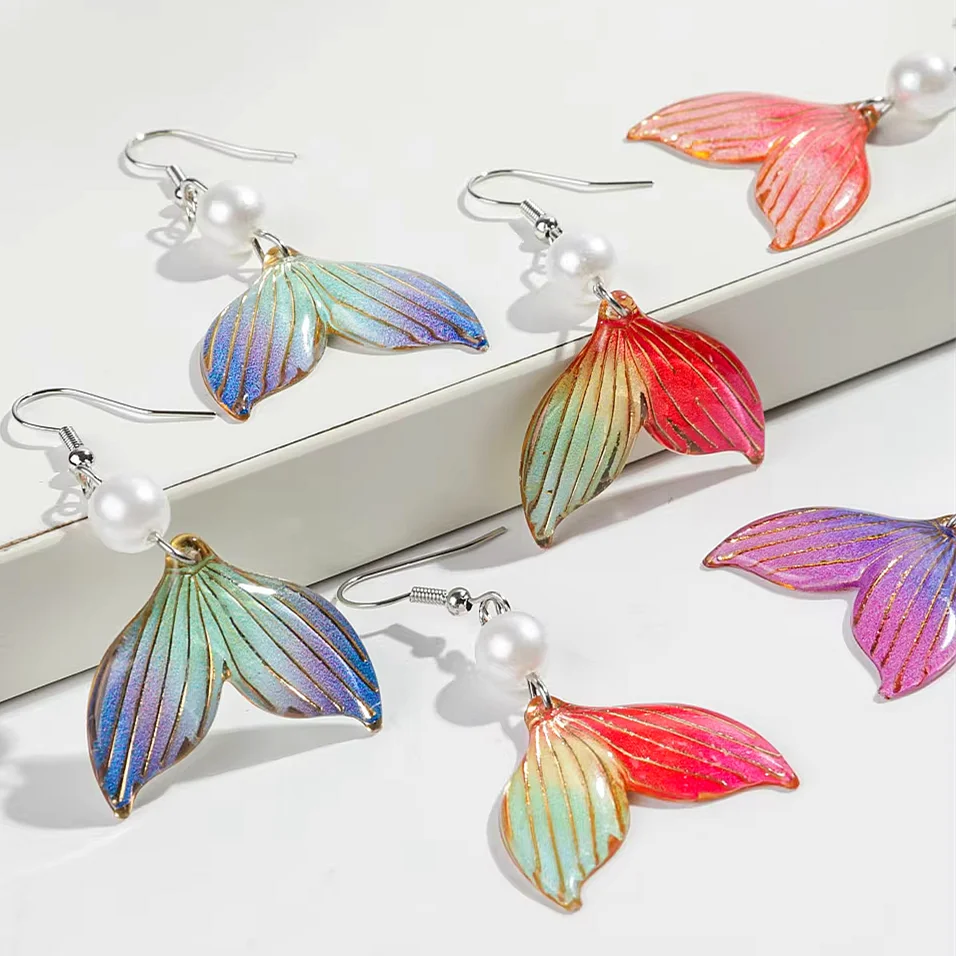 Cute Colorful Acrylic Mermaid Tail Earring for Women Elegant Pearl Beads Iridescent Drop Earrings Fashion 2025 Jewelry Gifts
