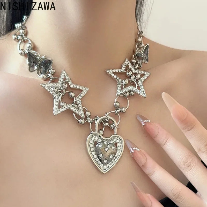 NISHIZAWA Y2k Butterfly Stars Necklaces for Women Vintage Inlaid Rhinestones Chokers Jewelry Fashion Hiphop Collares Para Mujer