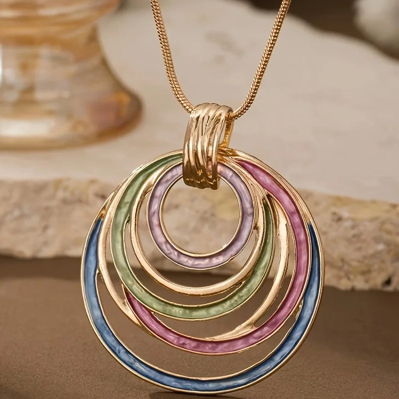 New Geometric Colorful Circular Annular Hollow Geometric Pendant Necklace with Personalized Creativity Women's Jewelr Gifts