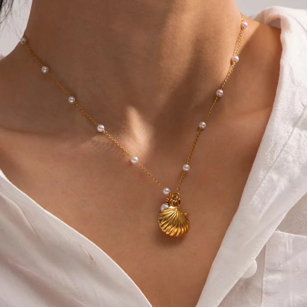 EILIECK 316L Stainless Steel Metal Sun Starfish Shells Pendant Necklace For Women Exquisite Neck Chain Waterproof Jewelry Gift