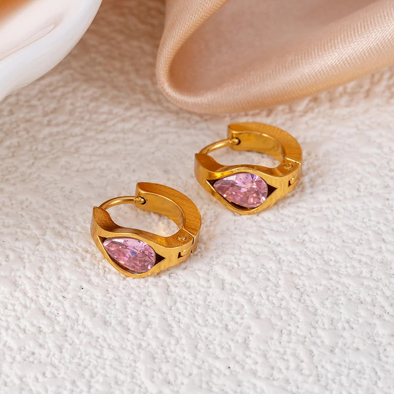 ANENJERY 316L Stainless Steel Geometry Heart Water Drop Zircon Hoop Earrings For Women Men Simple Personality Jewelry Gifts