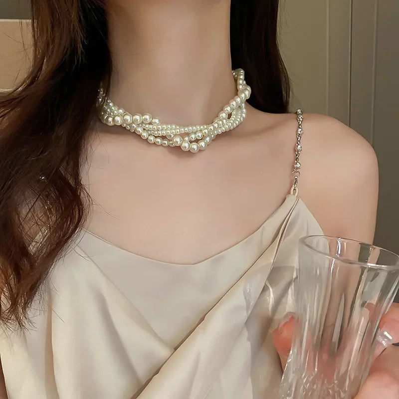 Elegant Multilayer Pearl Choker Necklaces for Women Crystal Flowers Necklaces Weddings Party Jewelry