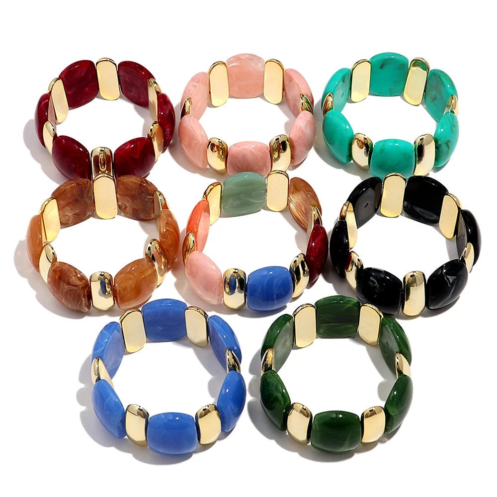 Elegant Acrylic Marble Geometric Petal Curved Beads Elastic Bracelets Trendy CCB Bead Chunky Bangles Bracelet Women Accessories