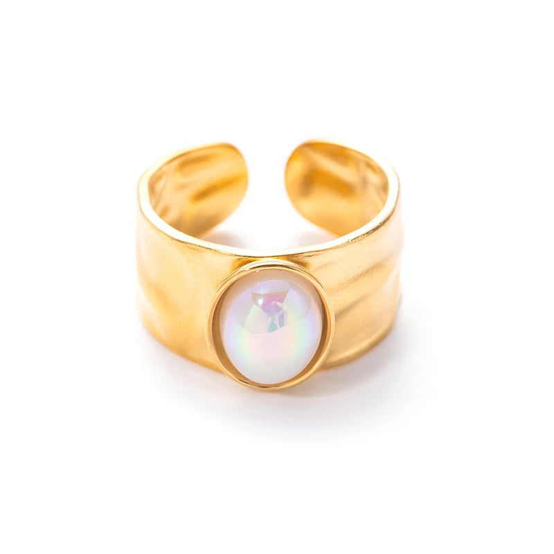ANENJERY 316L Stainless Steel Colorful Stone Wide Smooth Open Ring for Women Men Elegant Noble Jewelry Gifts Wholesale