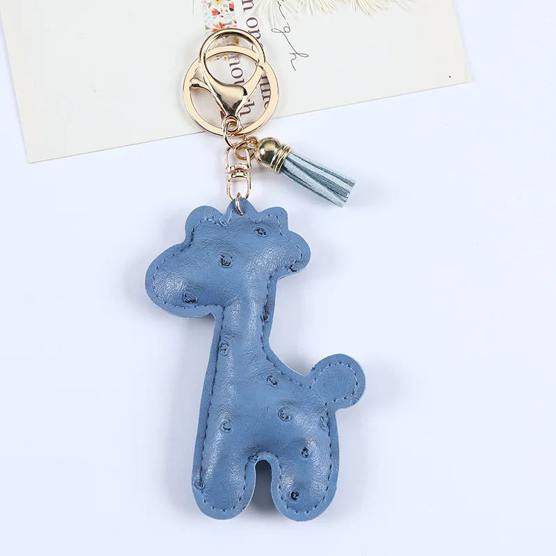 Fashion Cute PU Leather Giraffe keychain for Women Emboss Tassel Animal Key Chain Handbag Car Key Decoration Jewelry Gift