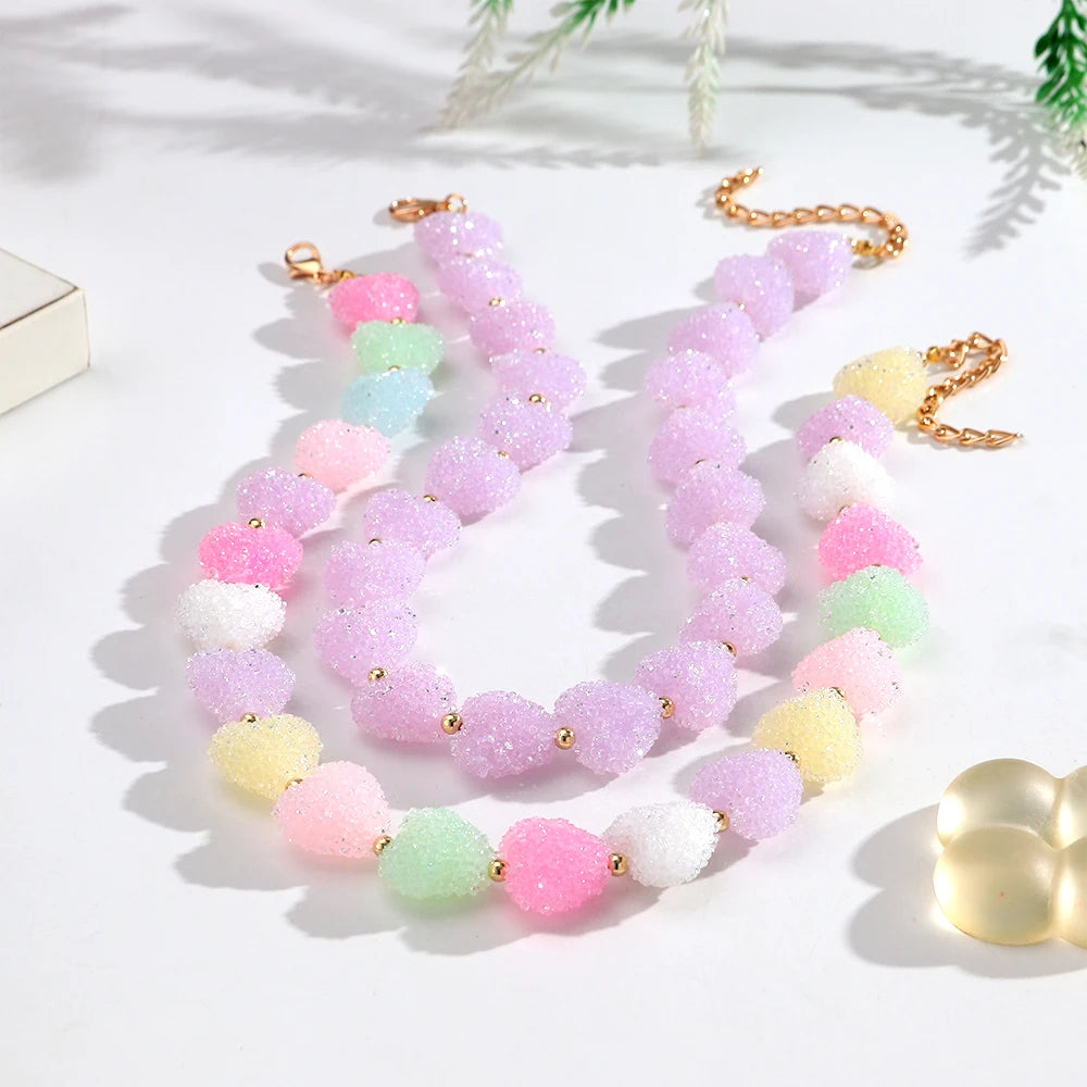 Sweet Candy Colored Resin Love Heart Choker Necklace for Women Cute Geometric Heart Shape Collar Necklace Summer Jewelry Gifts