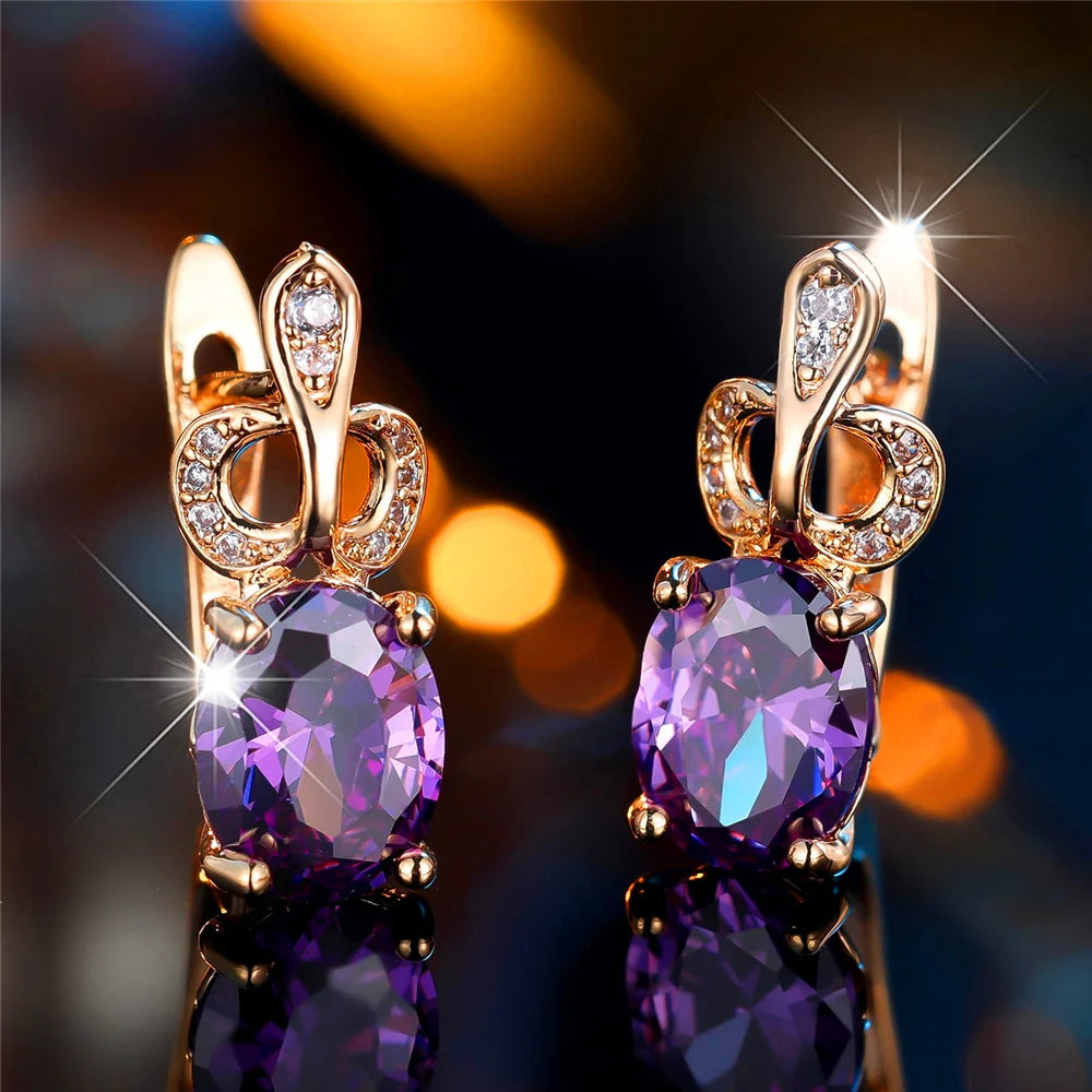 Luxury Female Purple Oval Zircon Stone Hoop Earrings Fashion Gold Color Wedding Jewelry For Women