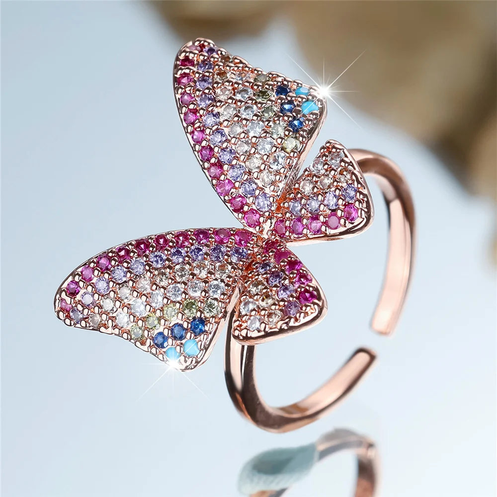 Charm Female Rainbow Butterfly Stone Adjustable Open Ring Gold Silver Color Cute Gift Wedding Jewelry For Women