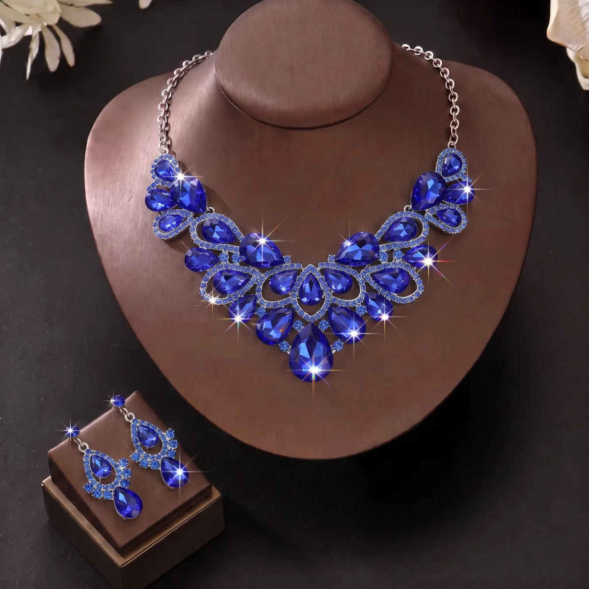 Sparkling Noble Hollow Water Drop Necklace Earrings Women's Evening Formal Dress Set Theme Party Matching Jewelry