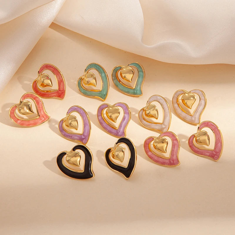 ANENJERY 316L Stainless Steel Hollow Double Heart Stud Earrings For Women Special Luxury Design Lady Jewelry Gifts