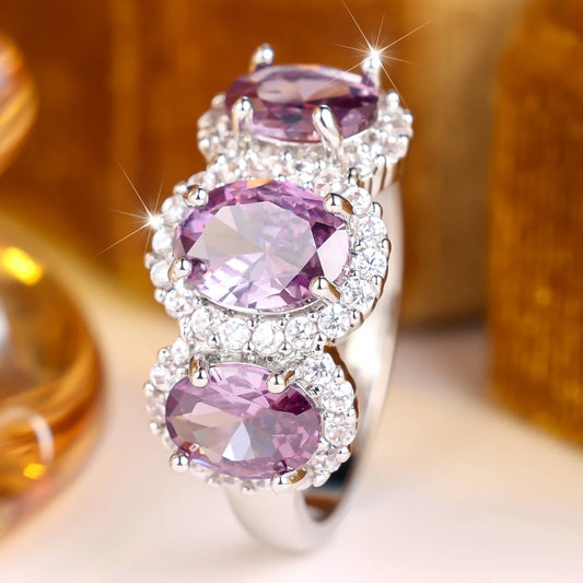 Small Round Charm Female White Purple Stone Ring Vintage Silver Color Wedding Jewelry For Women