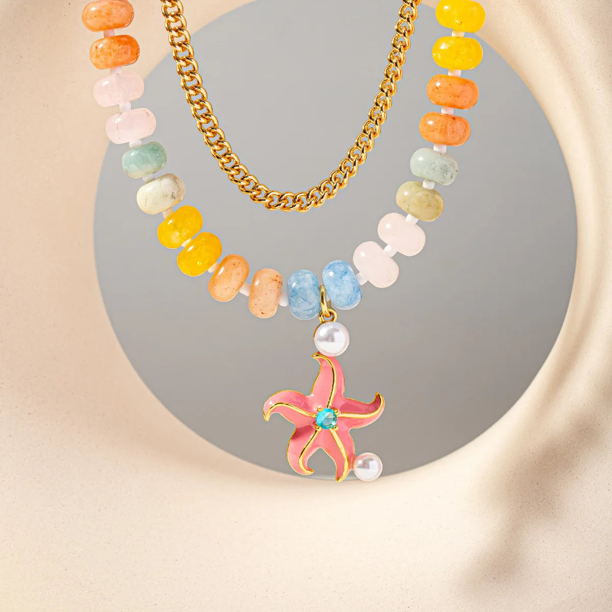 Handmade Natural Stone Beads Choker Necklace Women Colorful Enamel Starfish Pendant Stainless Steel Chain Necklaces Boho Jewelry