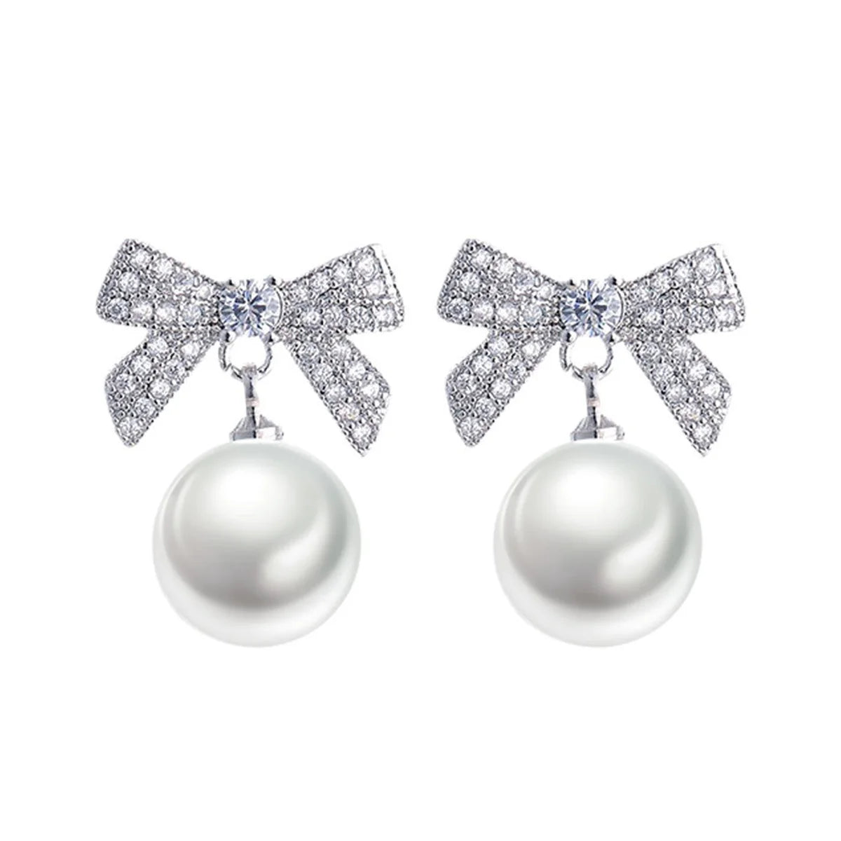 Korean Luxury Charm Female White Zircon Pearl Yellow White Bow Stud Earrings Silver Color Wedding Jewelry For Women