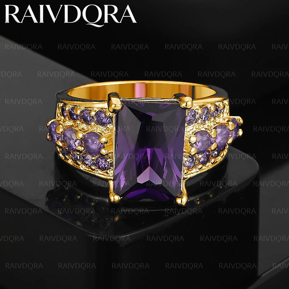 18K Gold Plated 8 Size Purple Zircon Square Ring For Women Grace Jewelry Trend Fashionable Birthday Party Gifts