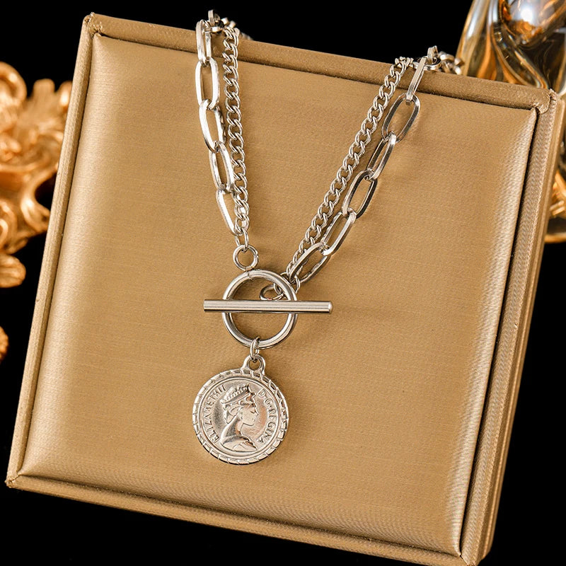 EILIECK 316L Stainless Steel Gold Color Portrait Coin Pendant Necklace For Women Fashion New Gift OT Buckle Neck Chain Jewelry