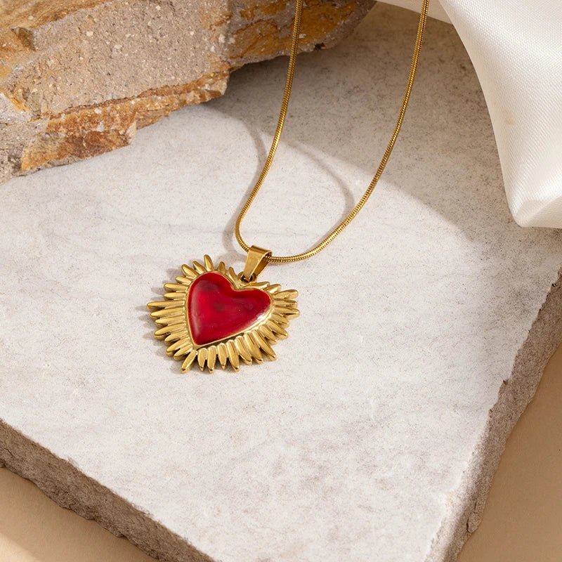 ANENJERY 316L Stainless Steel Red Heart Geometry Pendant Necklace For Women Vintage French Elegant Jewelry Gifts Wholesale