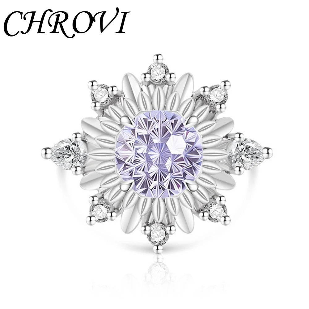 Luxurious 925 sterling silver gemstone flower chrysanthemum ring for women - ultra-shiny sunflower style finger ring