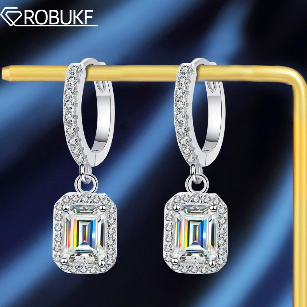 1ct 2ct Emerald/Radiant Cut Moissanite Drop Earrings for Women 925 Sterling Silver Plated PT950 Sparkling Hoop Earring With GRA