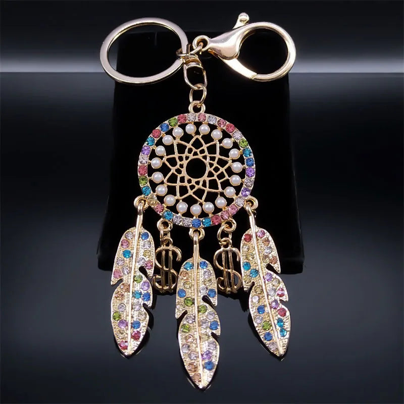 Shinny Crystal Owl Dreamcatcher Feather Keychain for Women Alloy Rhinestone Dream Catcher Animal Key Ring Bag Jewelry K9034S05