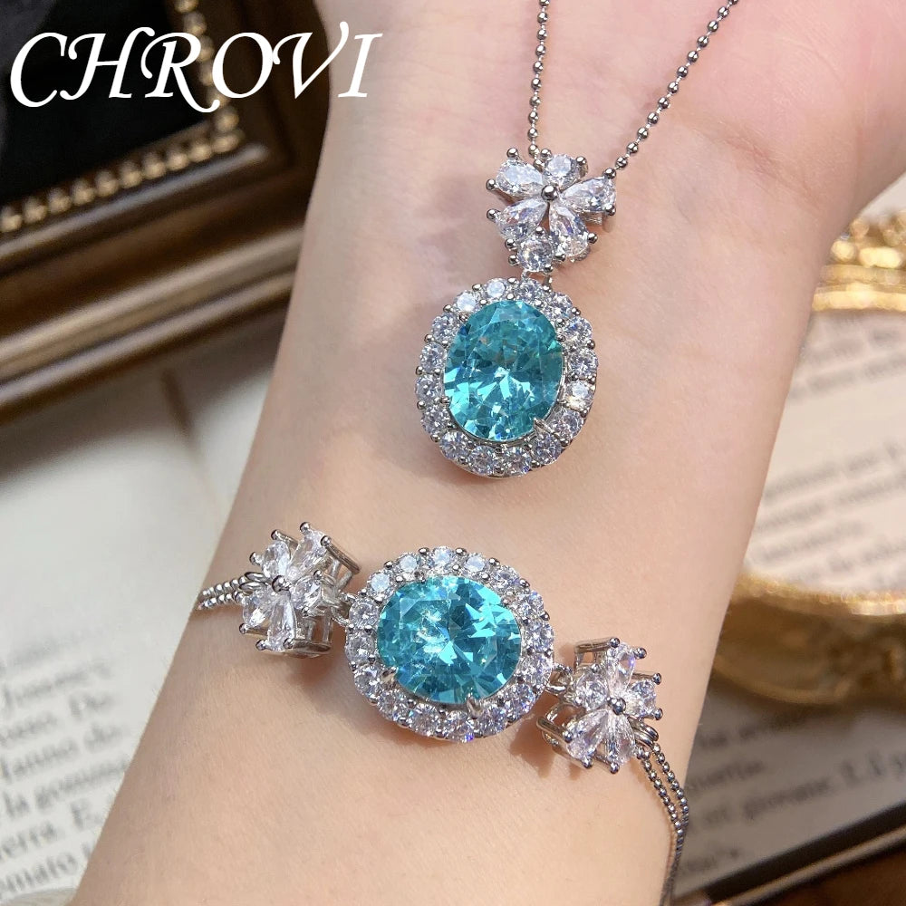 Aromatherapy 925 sterling silver romantic Paraiba diamond pendant necklace with full-cut oval zircon bracelet set