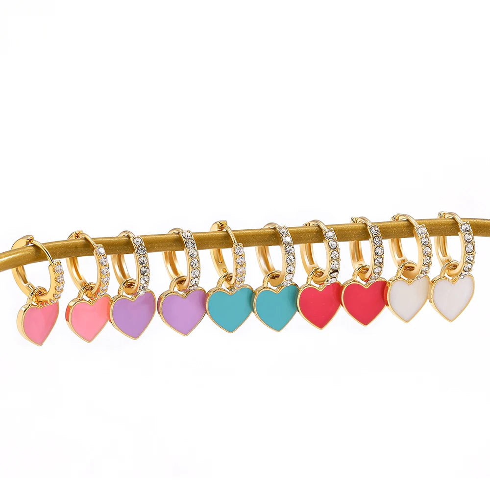 New Trendy Rhinestone Small Circle Hoops with Cute Candy Neon Color Heart Hanging Earrings for Women Gold Plated Huggies Jewelry