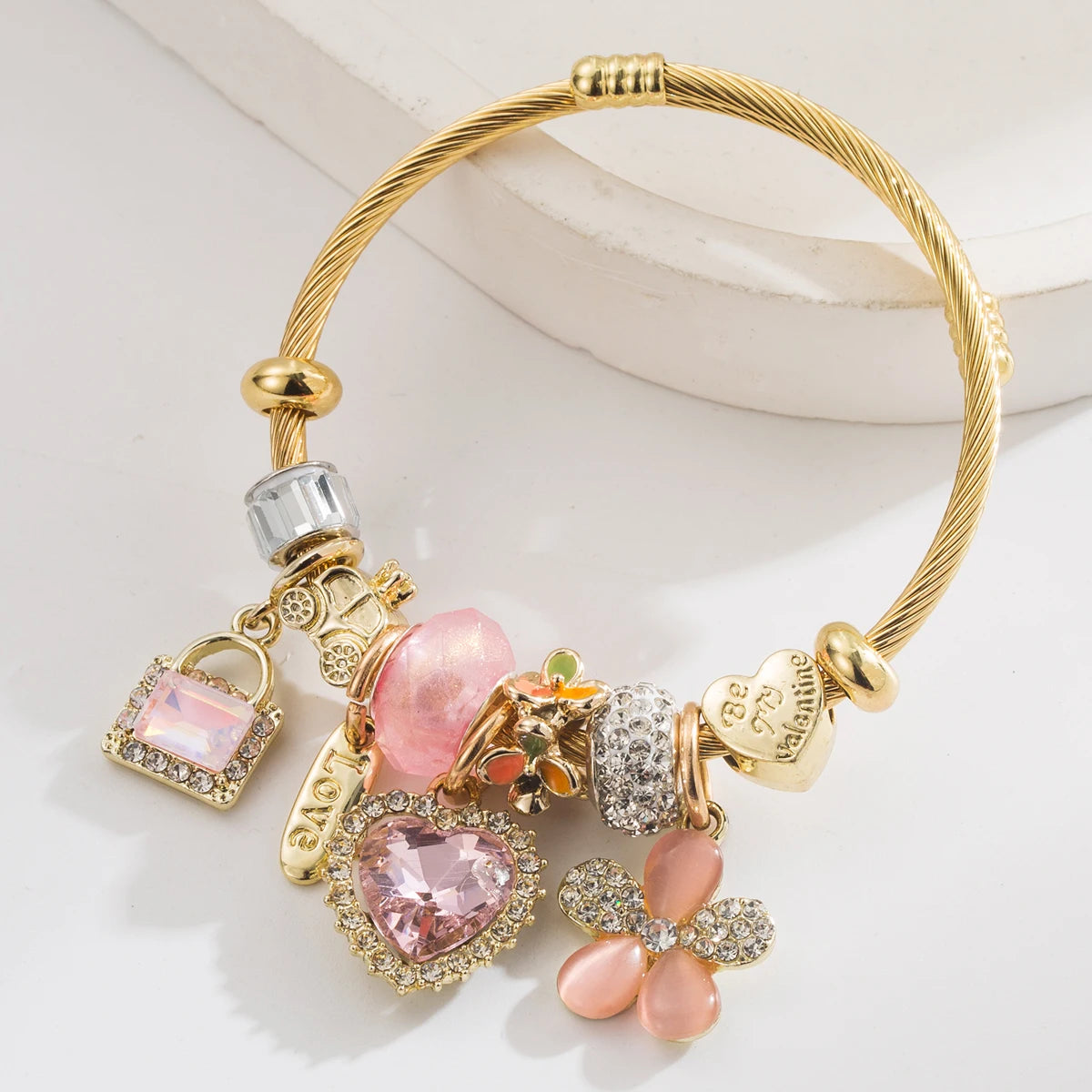 Cross border Hot Selling Panjia Stainless Steel Bracelet, Fashionable And Sweet Lock Heart Heart-Shaped Flower Pendant, High-End